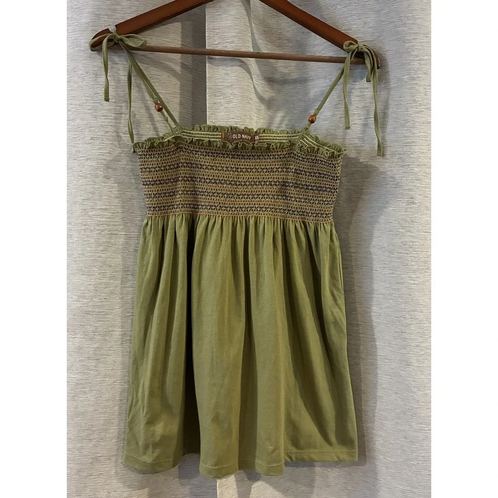 Old Navy Olive Green Smocked Sleeveless Tank Top Y2K Festival Kids XXL